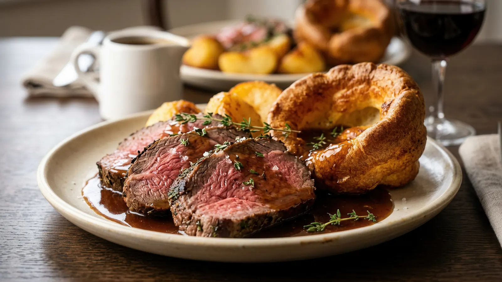 Sliced roast beef with roast potatoes, a Yorkshire pudding and gravy