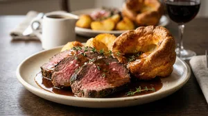 Sliced roast beef with Yorkshire pudding and gravy